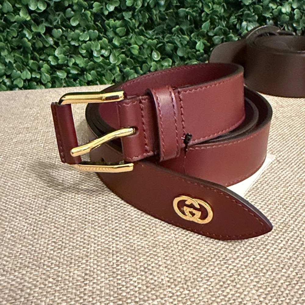 Gucci Maroon Leather Belt with Gold Hardware